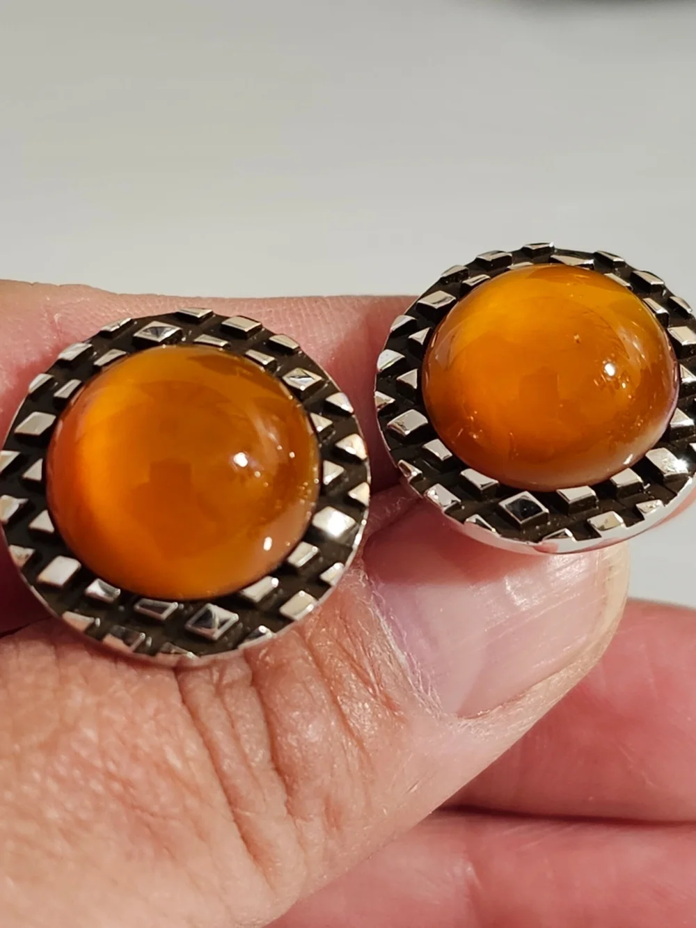 Vintage Silvertone & Amber Colored Jewelry Glass Cufflinks Soviet Era